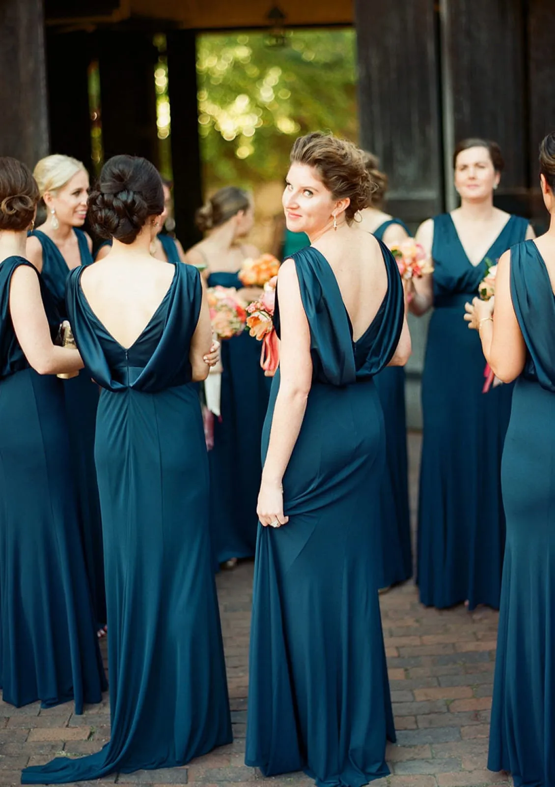 A-line V Neck Sleeveless Draped Back Sweep Train Charmeuse Bridesmaid Dress