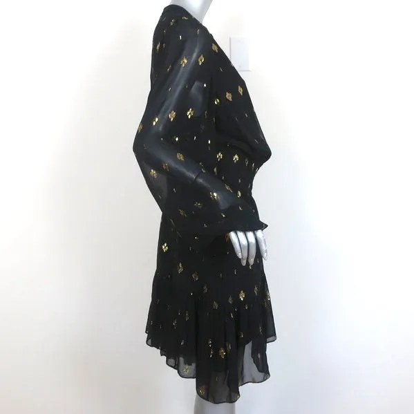 A.L.C. Dress Sidney Black/Gold Metallic Flocked Chiffon Size 10 Long Sleeve