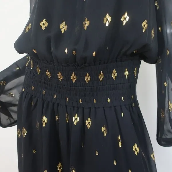 A.L.C. Dress Sidney Black/Gold Metallic Flocked Chiffon Size 10 Long Sleeve