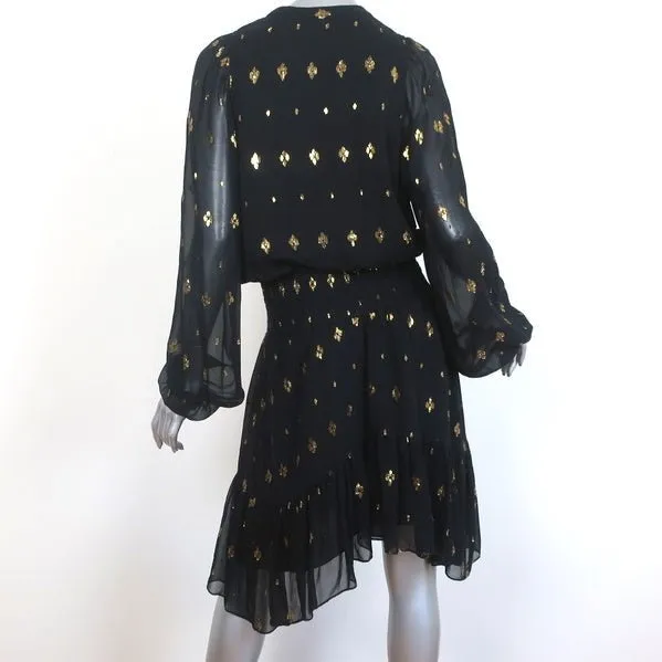 A.L.C. Dress Sidney Black/Gold Metallic Flocked Chiffon Size 10 Long Sleeve