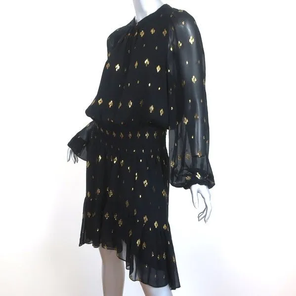 A.L.C. Dress Sidney Black/Gold Metallic Flocked Chiffon Size 10 Long Sleeve