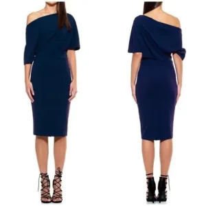 Alexia Admor Olivia Draped One-Shoulder Satin Sheath Midi Dress Navy Blue