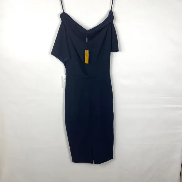Alexia Admor Olivia Draped One-Shoulder Satin Sheath Midi Dress Navy Blue