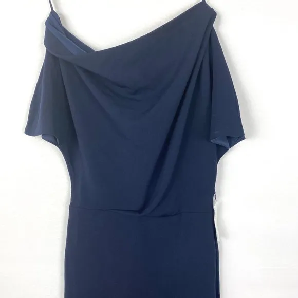 Alexia Admor Olivia Draped One-Shoulder Satin Sheath Midi Dress Navy Blue