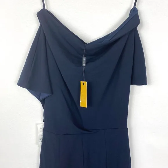 Alexia Admor Olivia Draped One-Shoulder Satin Sheath Midi Dress Navy Blue