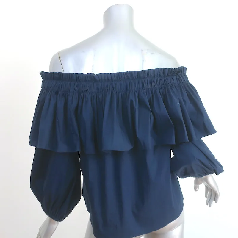 Alexis Barbie Ruffled Off the Shoulder Top Navy Stretch Cotton Size Medium
