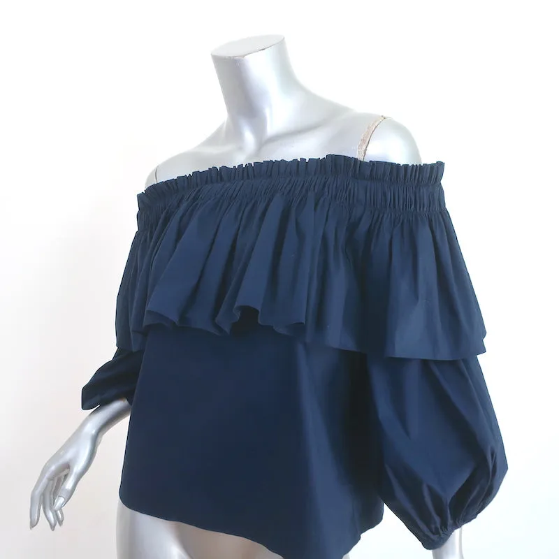 Alexis Barbie Ruffled Off the Shoulder Top Navy Stretch Cotton Size Medium