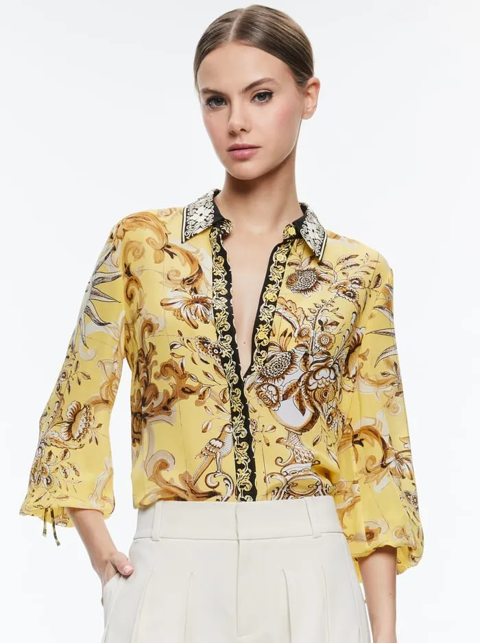 Alice   Olivia Willa Tie Sleeve Top in Lisboa Lemon Meringue