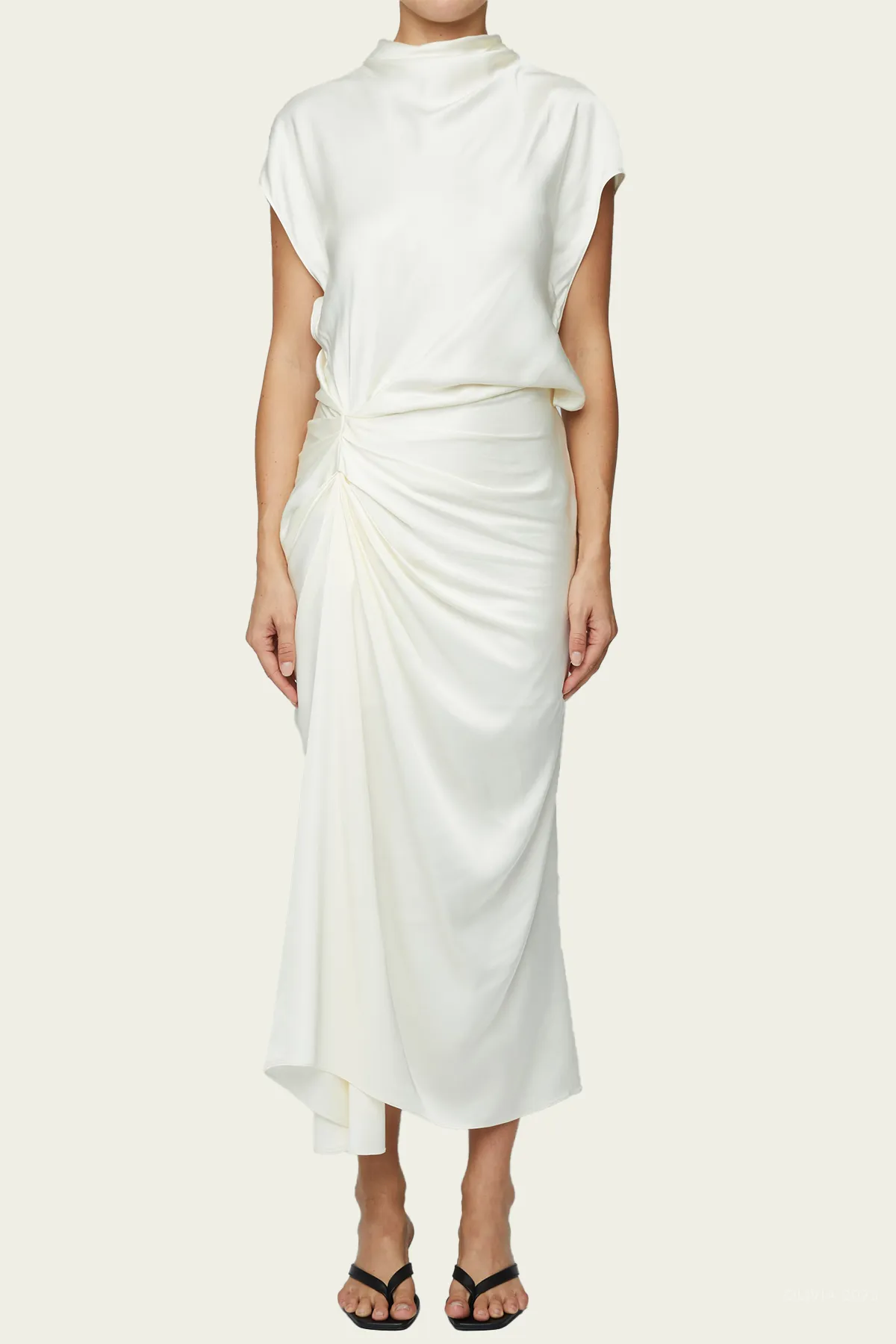 Alma Draped Satin Midi Dress in Cream