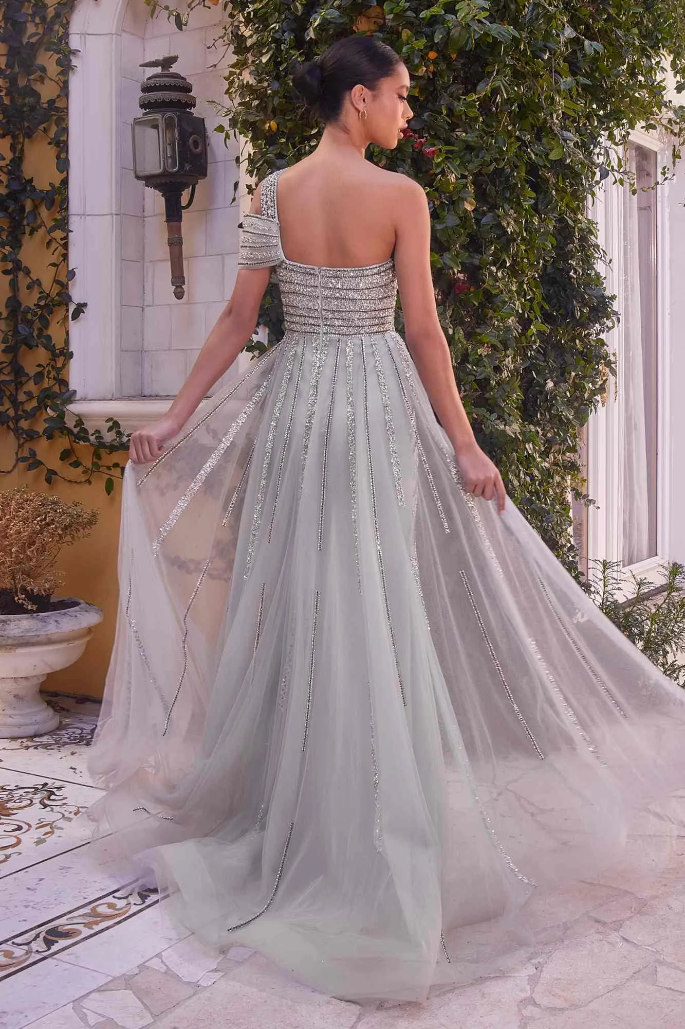 Andrea & Leo A1314 Long One Shoulder Silver Beaded Gown Leg Slit