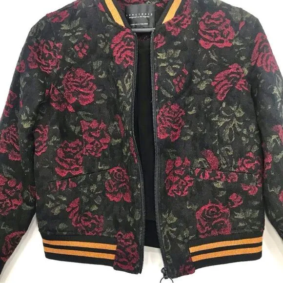 Anthropologie Sanctuary Rose Seduction Black Red Floral Print Zip Bomber Jacket