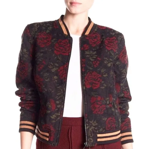 Anthropologie Sanctuary Rose Seduction Black Red Floral Print Zip Bomber Jacket