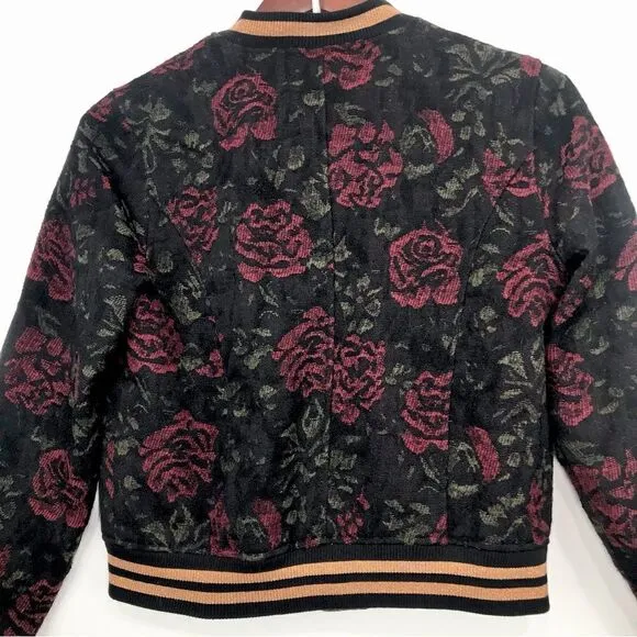 Anthropologie Sanctuary Rose Seduction Black Red Floral Print Zip Bomber Jacket