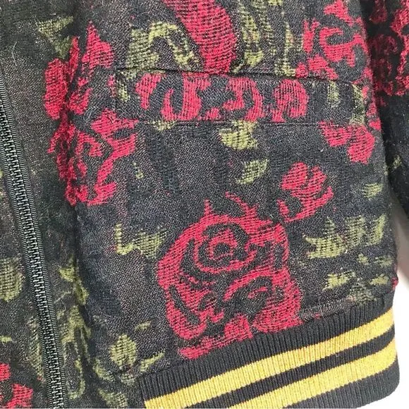 Anthropologie Sanctuary Rose Seduction Black Red Floral Print Zip Bomber Jacket