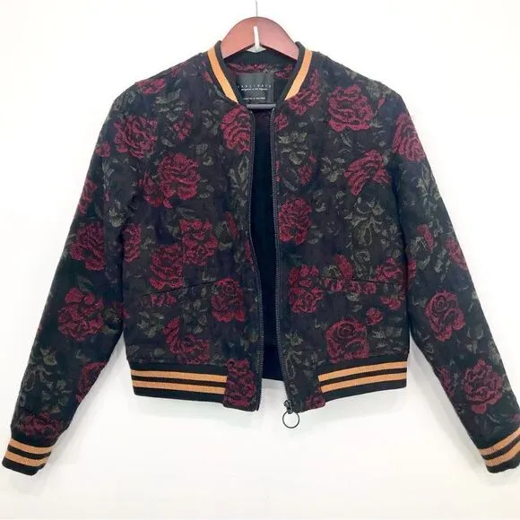 Anthropologie Sanctuary Rose Seduction Black Red Floral Print Zip Bomber Jacket