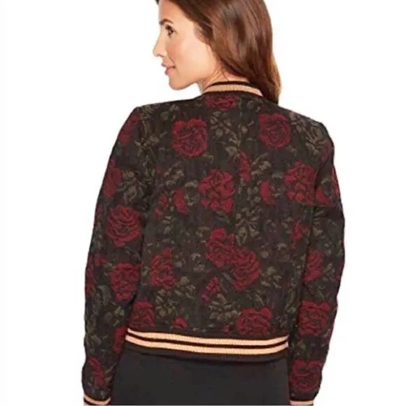 Anthropologie Sanctuary Rose Seduction Black Red Floral Print Zip Bomber Jacket