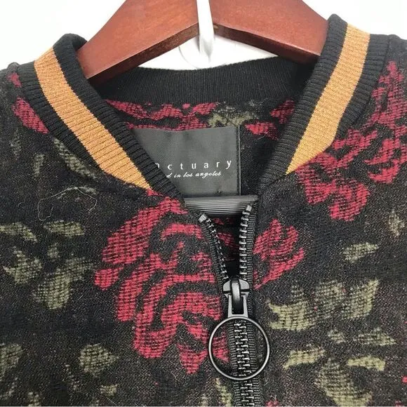 Anthropologie Sanctuary Rose Seduction Black Red Floral Print Zip Bomber Jacket