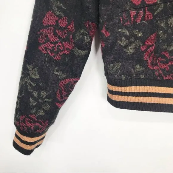 Anthropologie Sanctuary Rose Seduction Black Red Floral Print Zip Bomber Jacket