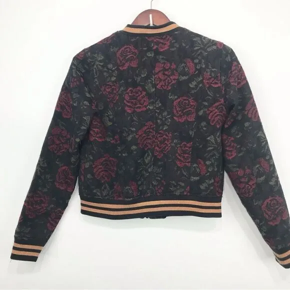 Anthropologie Sanctuary Rose Seduction Black Red Floral Print Zip Bomber Jacket