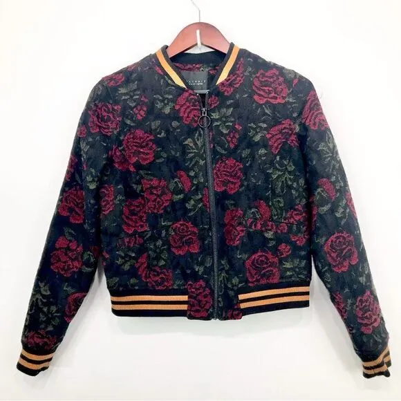 Anthropologie Sanctuary Rose Seduction Black Red Floral Print Zip Bomber Jacket