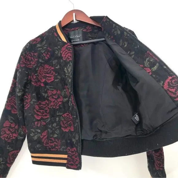 Anthropologie Sanctuary Rose Seduction Black Red Floral Print Zip Bomber Jacket