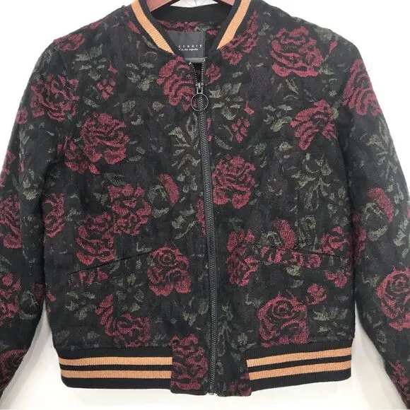 Anthropologie Sanctuary Rose Seduction Black Red Floral Print Zip Bomber Jacket
