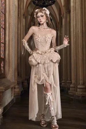 Apricot V Collar Sleeveless High Waisted Ruffle Embroidery Lace Fishbone Gothic Lolita Corset Skirt Set