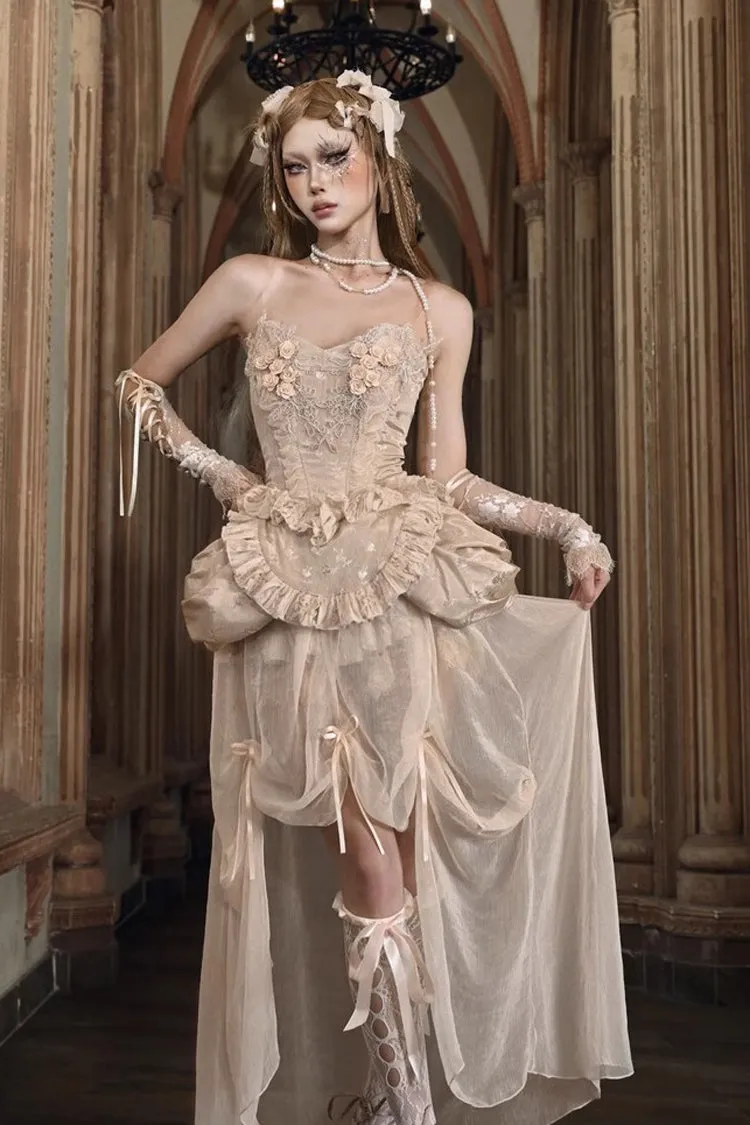 Apricot V Collar Sleeveless High Waisted Ruffle Embroidery Lace Fishbone Gothic Lolita Corset Skirt Set