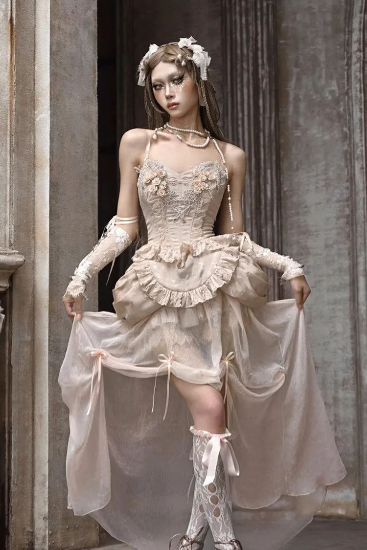 Apricot V Collar Sleeveless High Waisted Ruffle Embroidery Lace Fishbone Gothic Lolita Corset Skirt Set