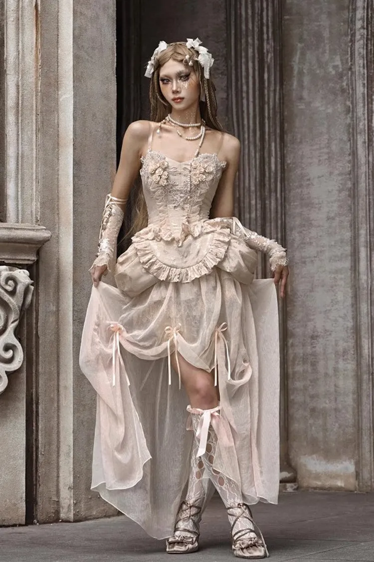 Apricot V Collar Sleeveless High Waisted Ruffle Embroidery Lace Fishbone Gothic Lolita Corset Skirt Set