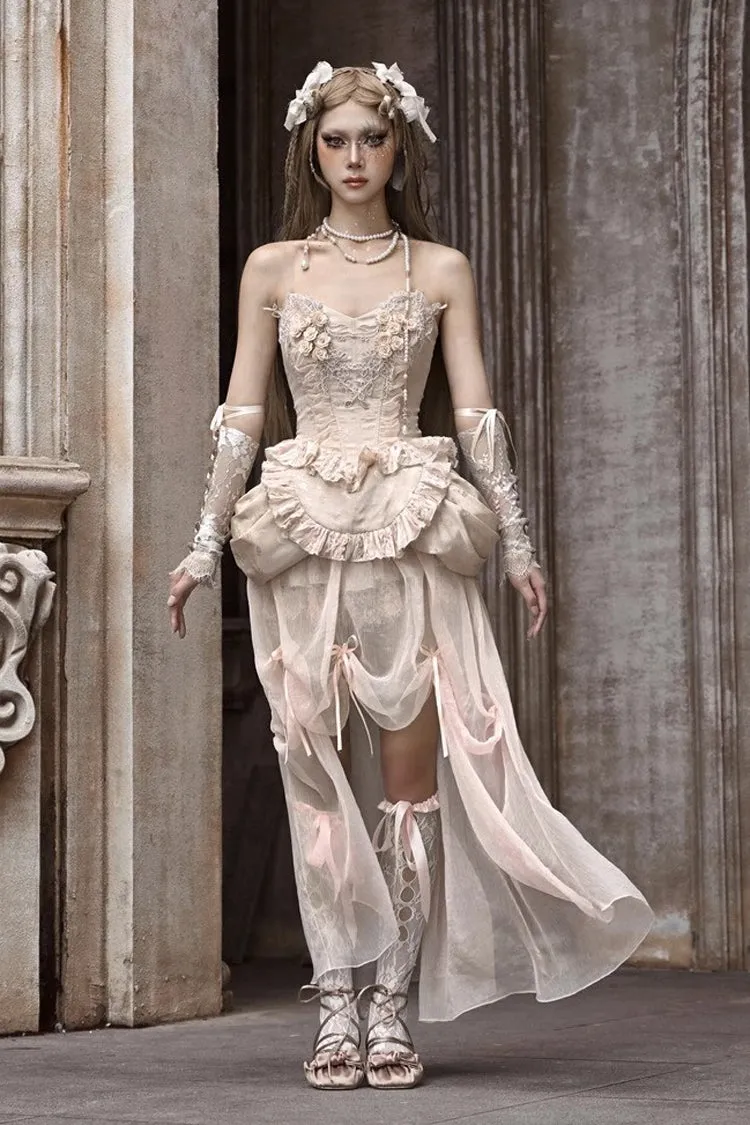 Apricot V Collar Sleeveless High Waisted Ruffle Embroidery Lace Fishbone Gothic Lolita Corset Skirt Set