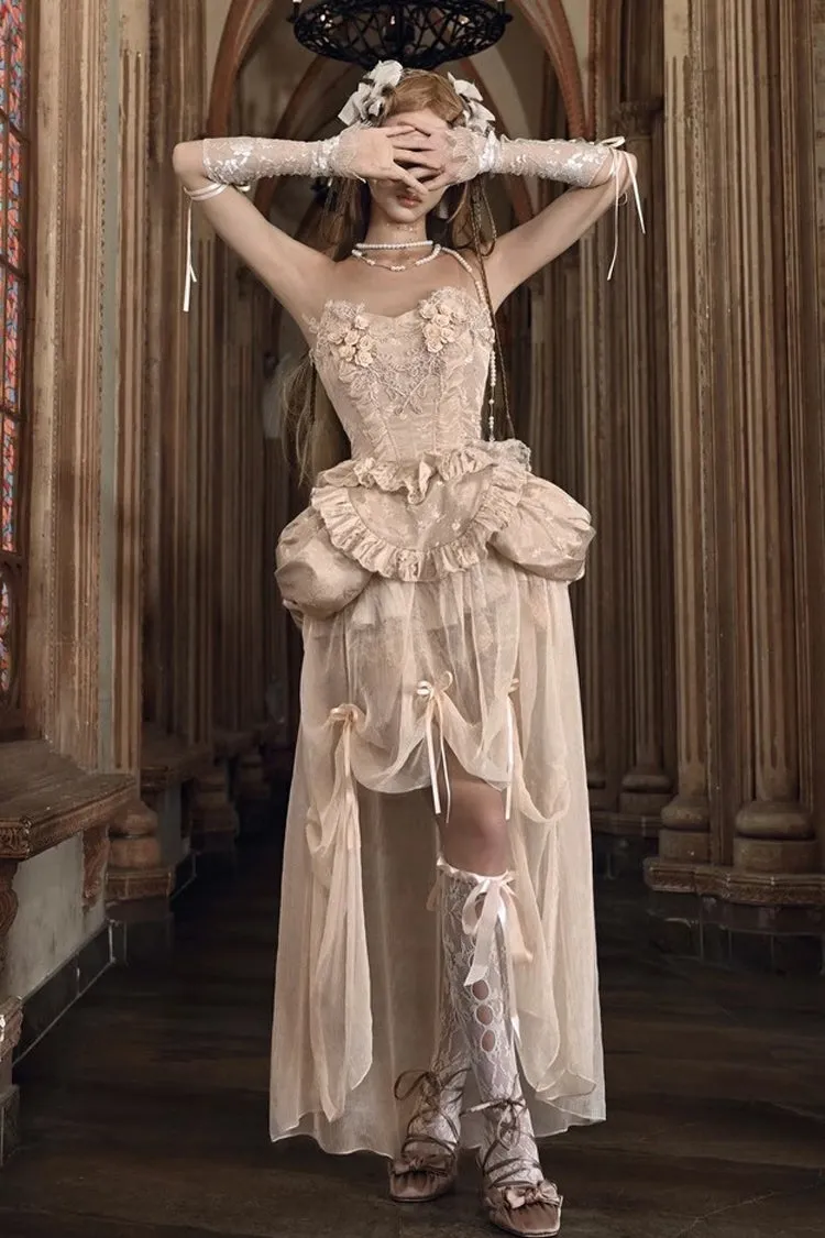 Apricot V Collar Sleeveless High Waisted Ruffle Embroidery Lace Fishbone Gothic Lolita Corset Skirt Set