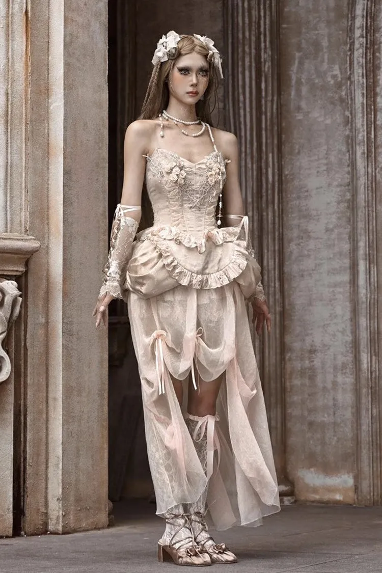 Apricot V Collar Sleeveless High Waisted Ruffle Embroidery Lace Fishbone Gothic Lolita Corset Skirt Set