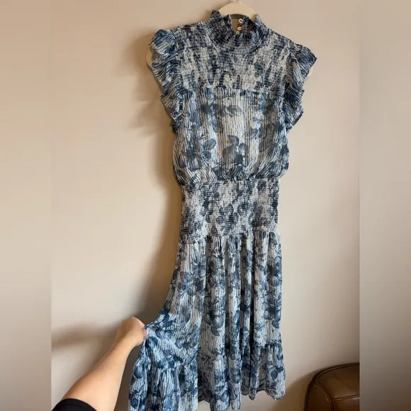 AQUA Metallic Dot Floral Print Smocked Midi Dress 100% Exclusive - Size S