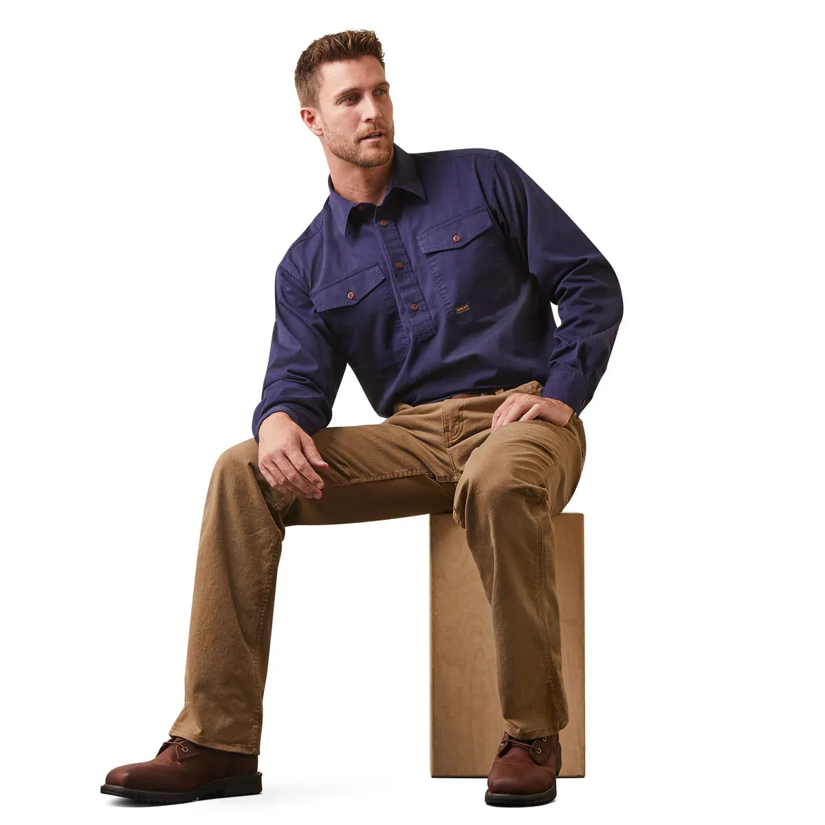 Ariat Mens Rebar Half Button LS Workshirt Navy