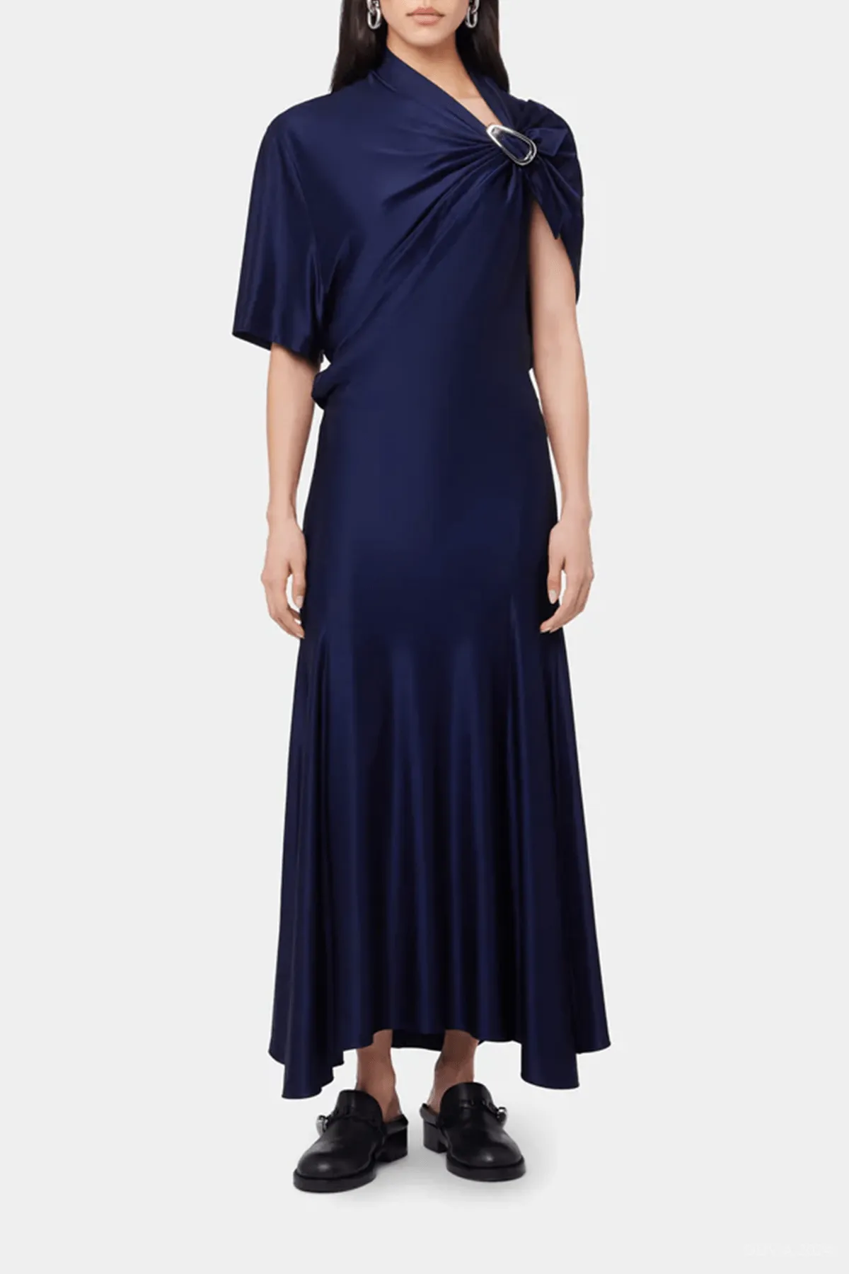 Asymmetrical Draped Midi Dress in Deep Navy