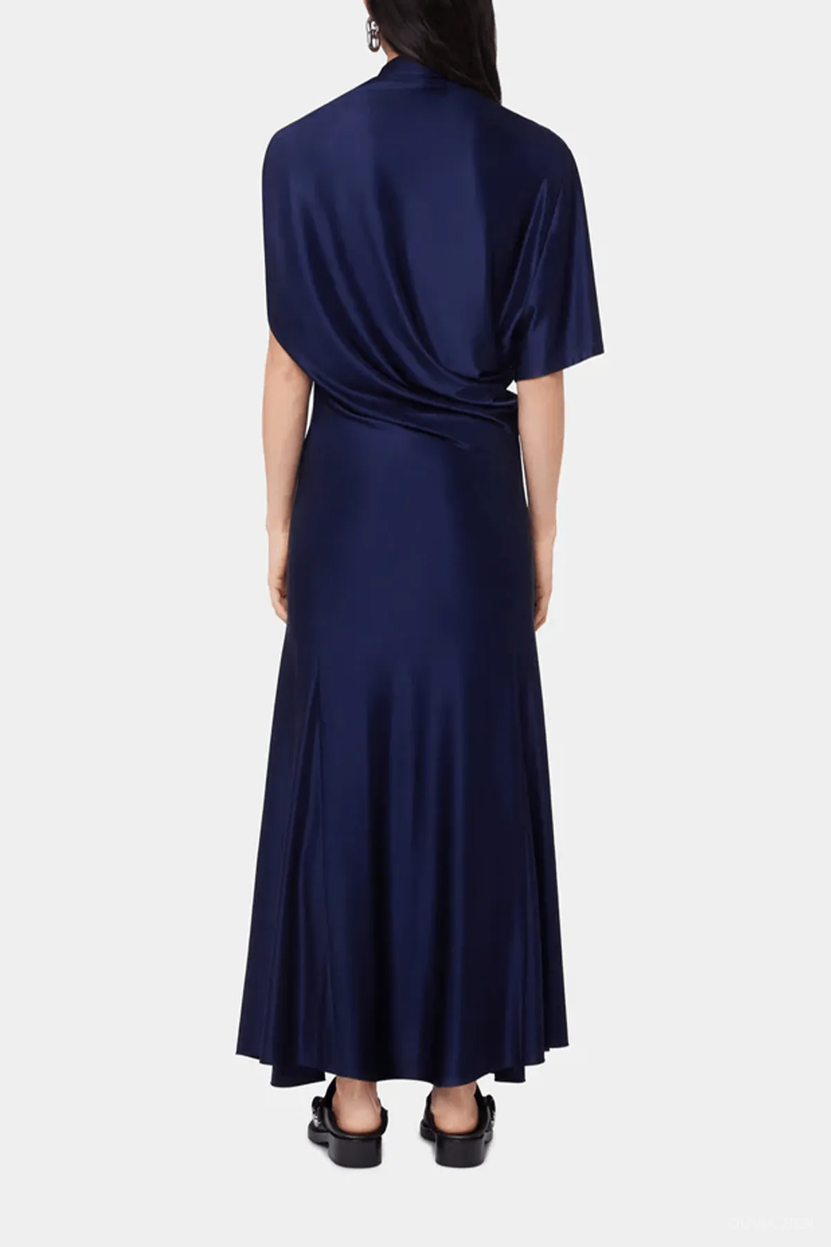 Asymmetrical Draped Midi Dress in Deep Navy