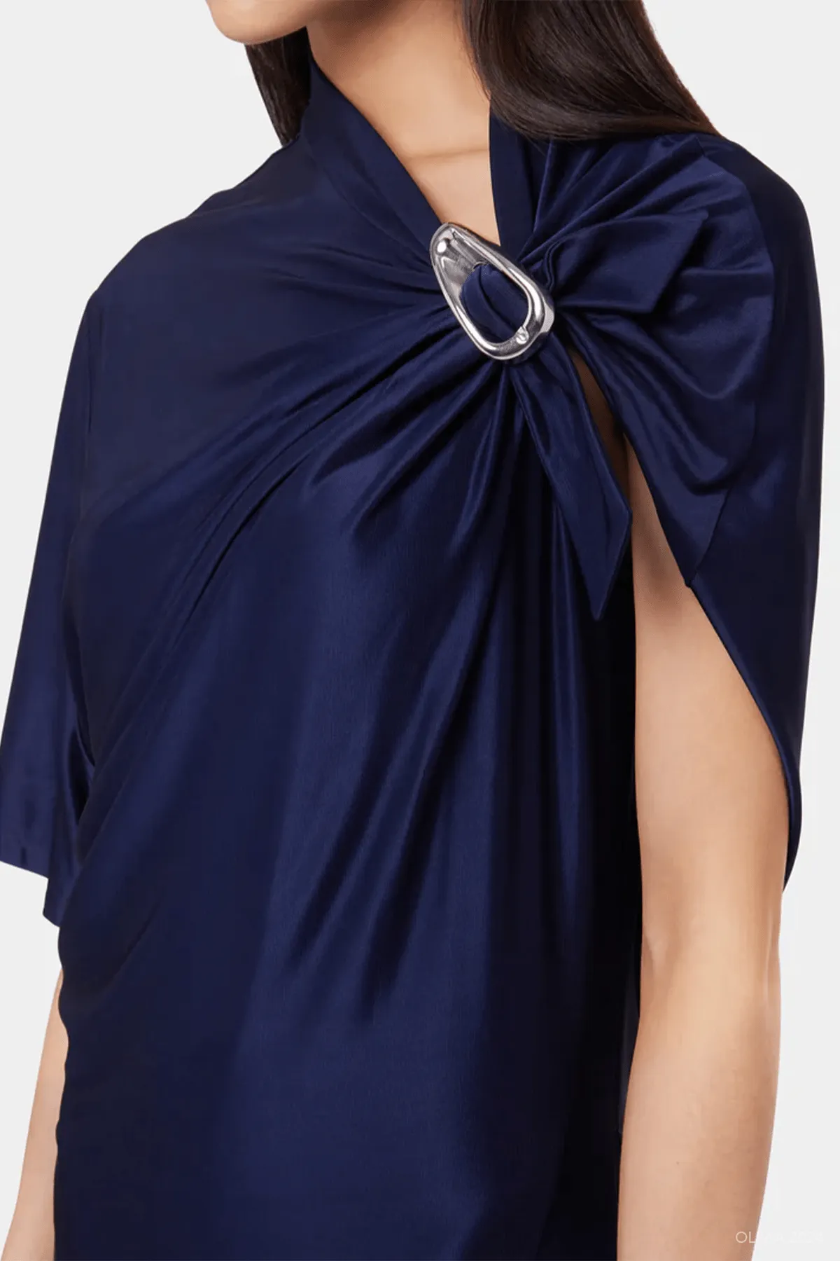 Asymmetrical Draped Midi Dress in Deep Navy