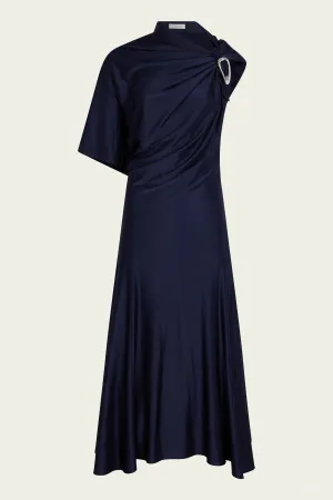 Asymmetrical Draped Midi Dress in Deep Navy