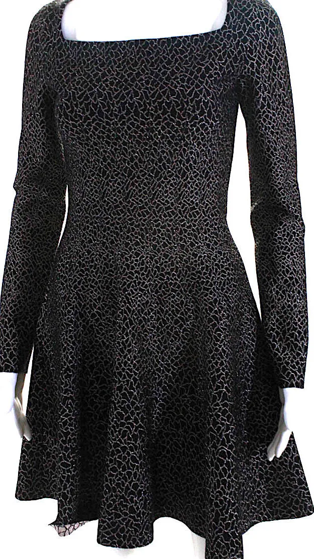 Azzedine Alaia Paris. Vintage Black Metallic Knit Square Neck Mini Flare Dress