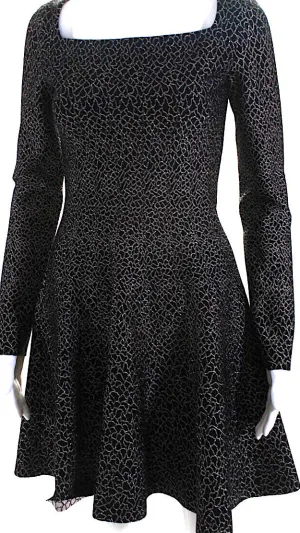 Azzedine Alaia Paris. Vintage Black Metallic Knit Square Neck Mini Flare Dress