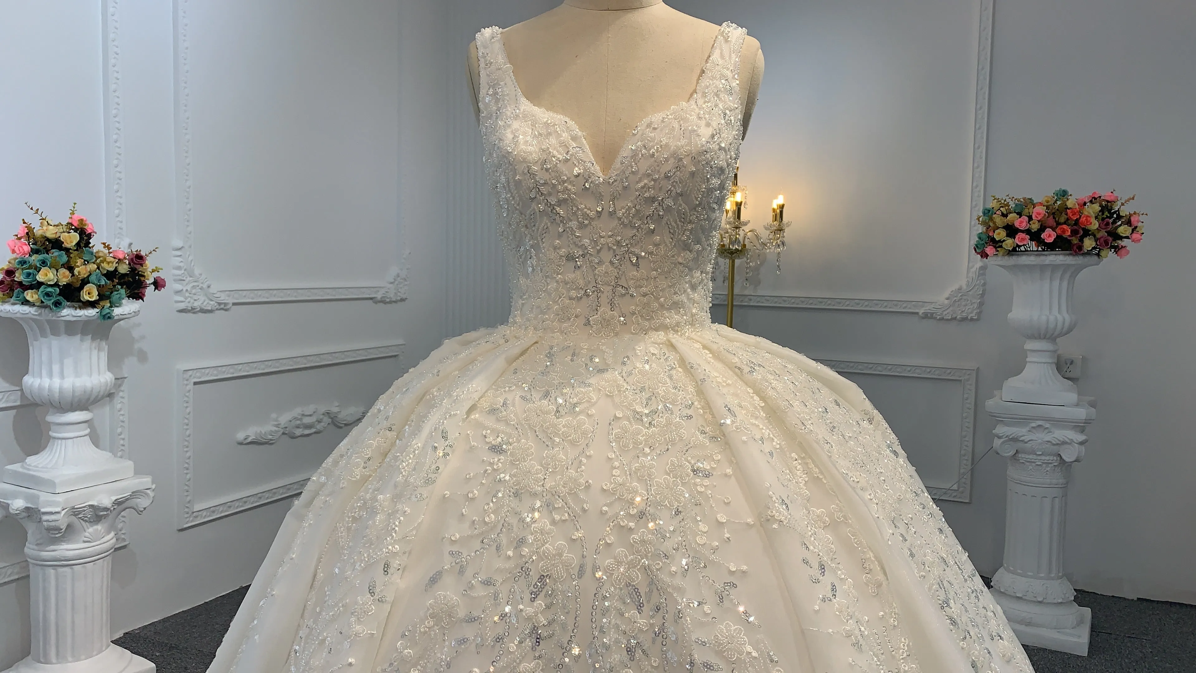B240- BYG Ivory sleeveless flower beading lace ball gown
