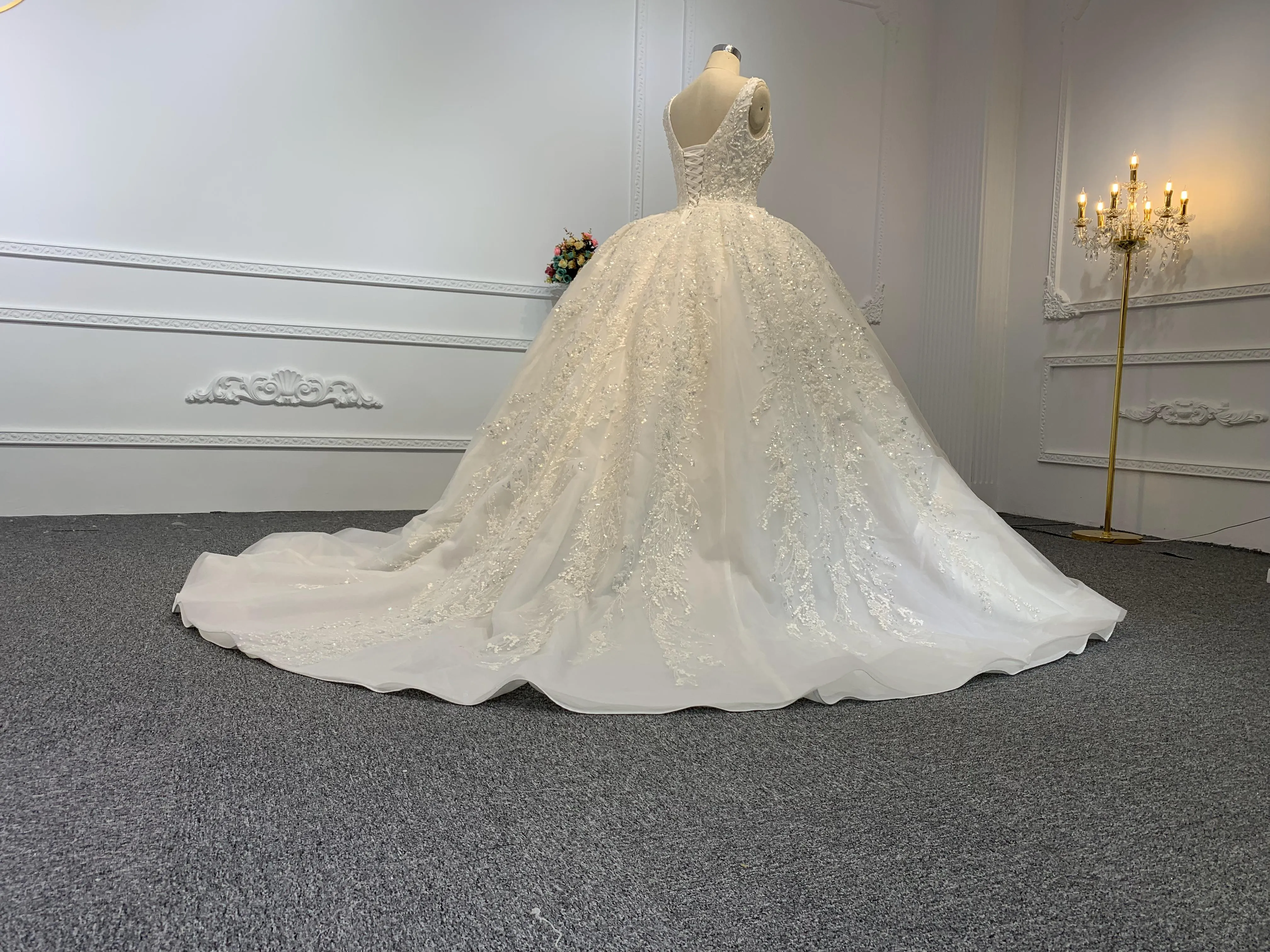 B240- BYG Ivory sleeveless flower beading lace ball gown
