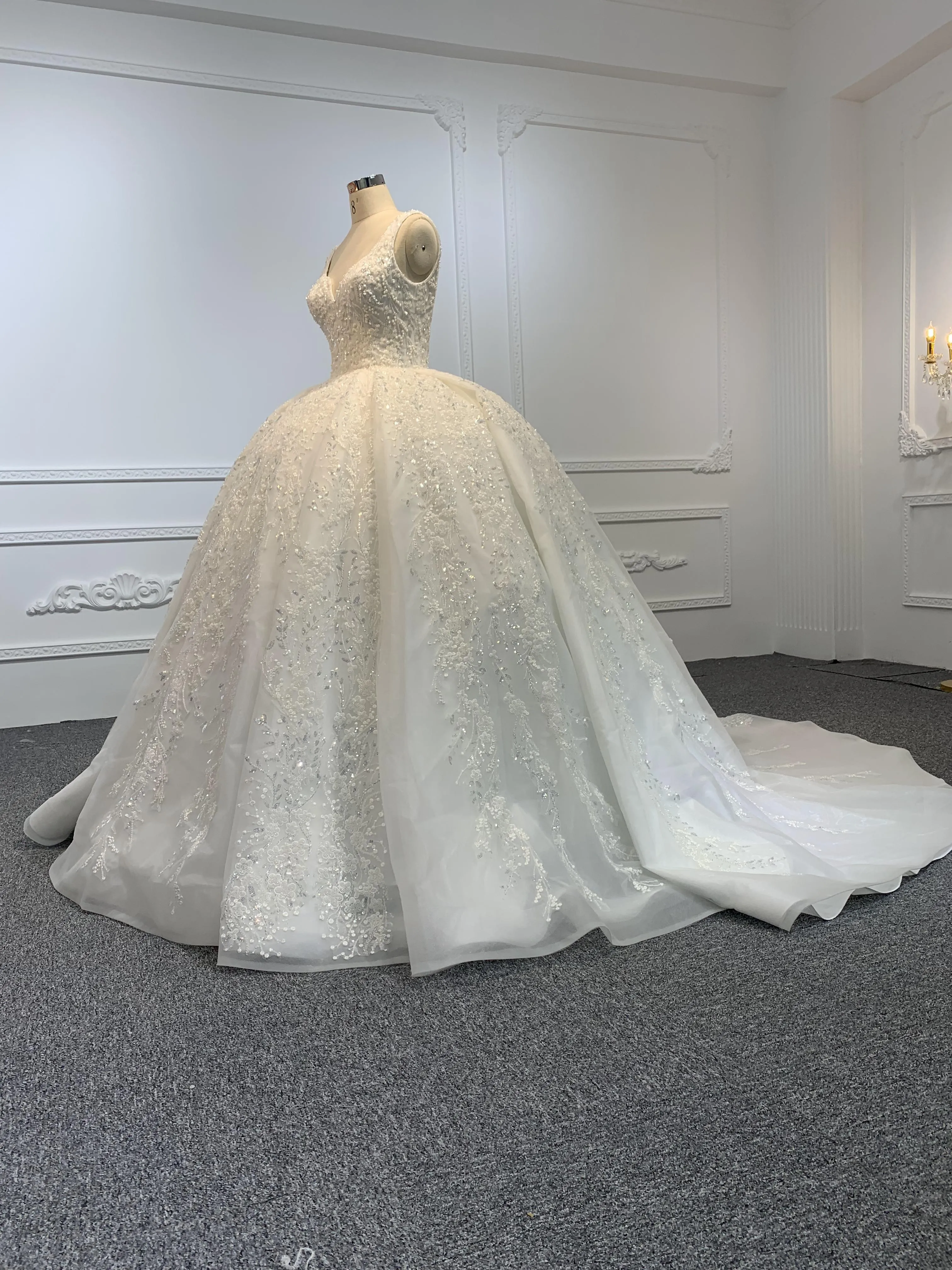 B240- BYG Ivory sleeveless flower beading lace ball gown