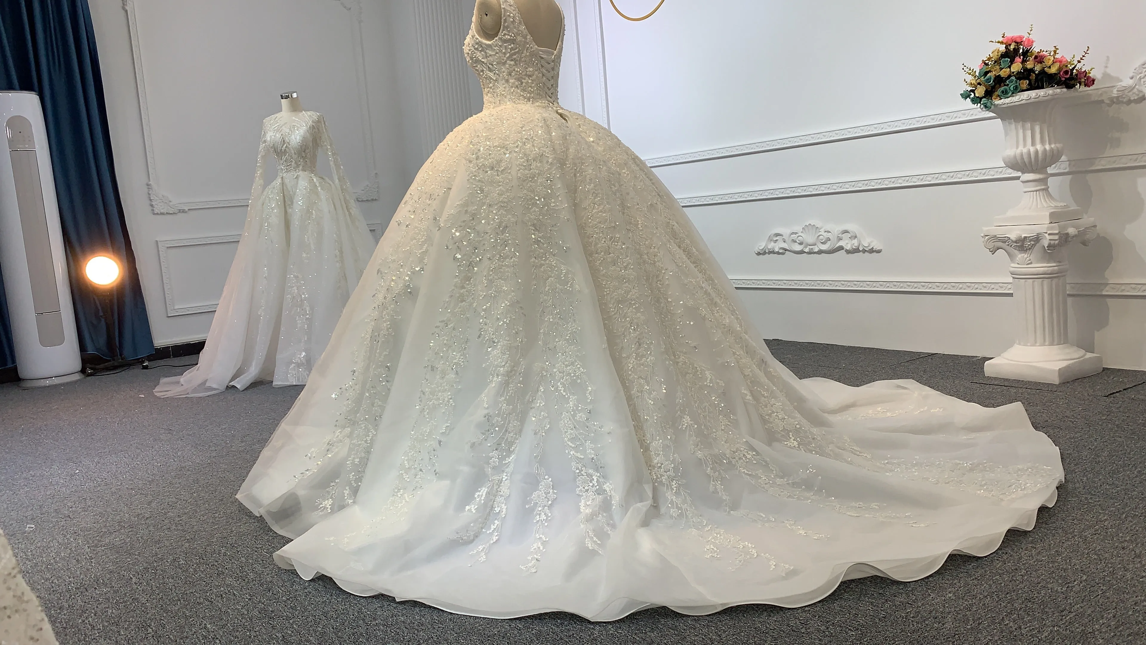 B240- BYG Ivory sleeveless flower beading lace ball gown