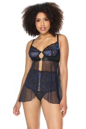 Babydoll and High-waisted Thong Set - Black/Blue -