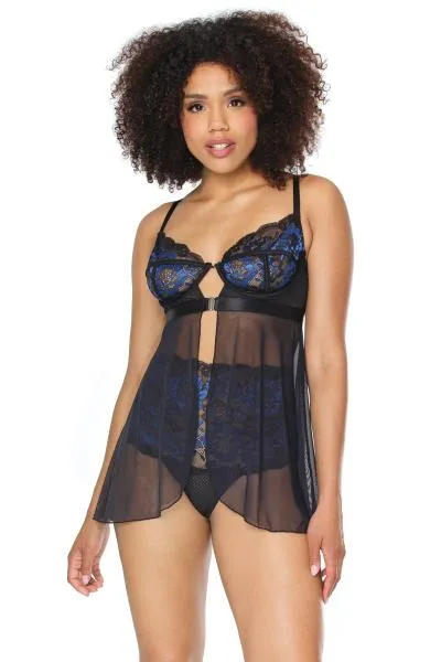 Babydoll and High-waisted Thong Set - Black/Blue -