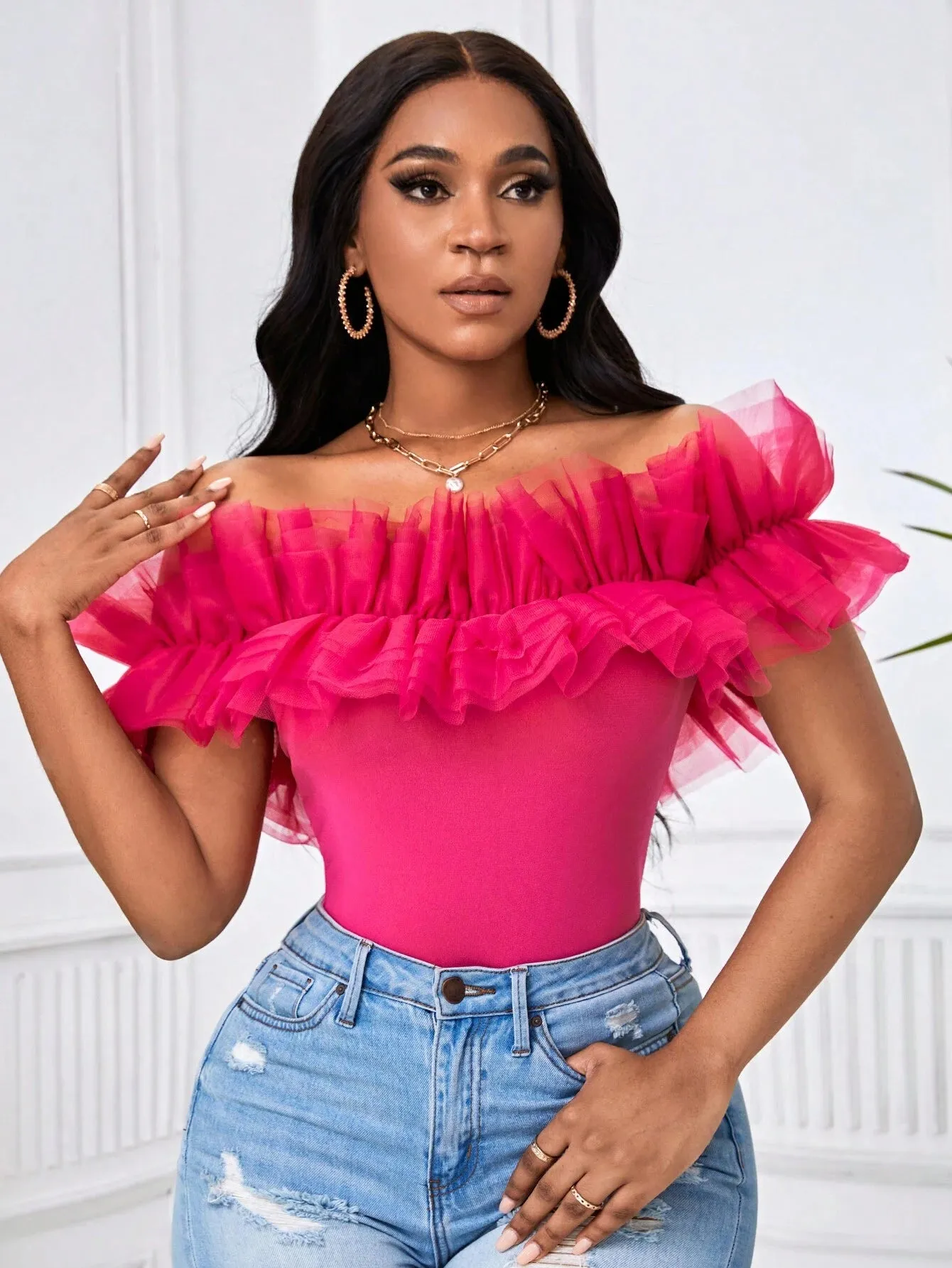 BAE Off Shoulder Ruffle Trim Top