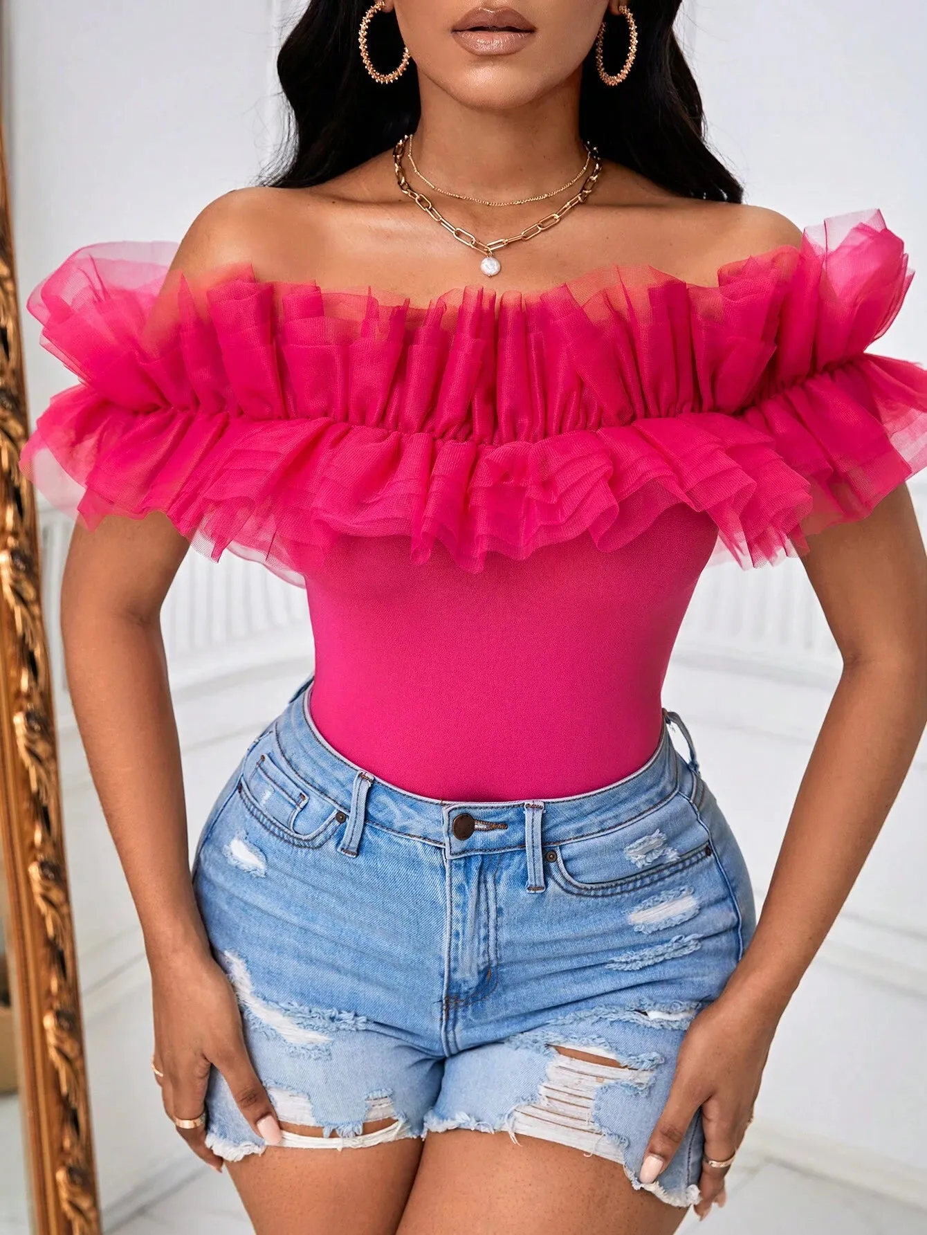 BAE Off Shoulder Ruffle Trim Top