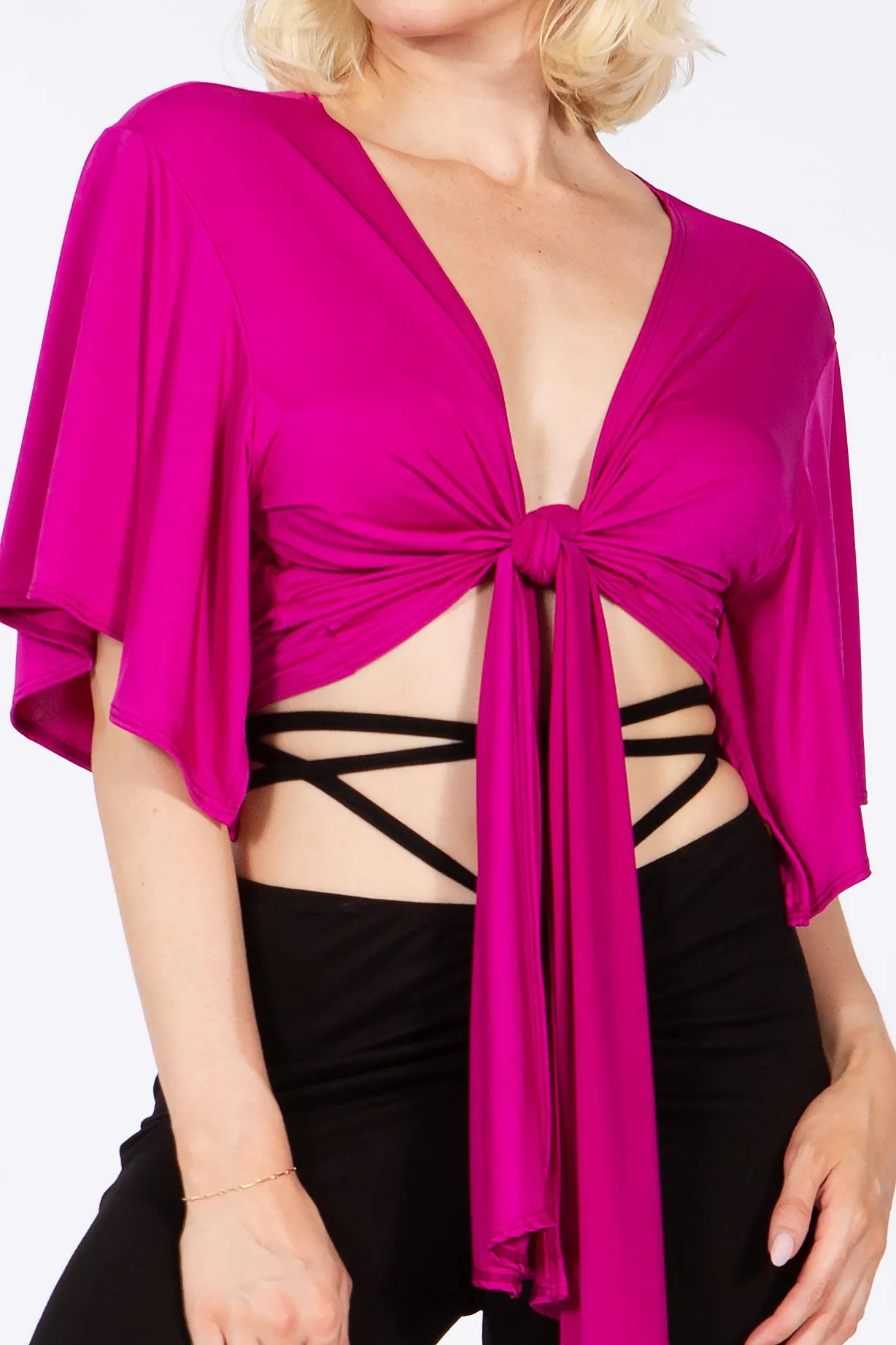 Batwing Sleeve Knot Front Crop Blouse.
